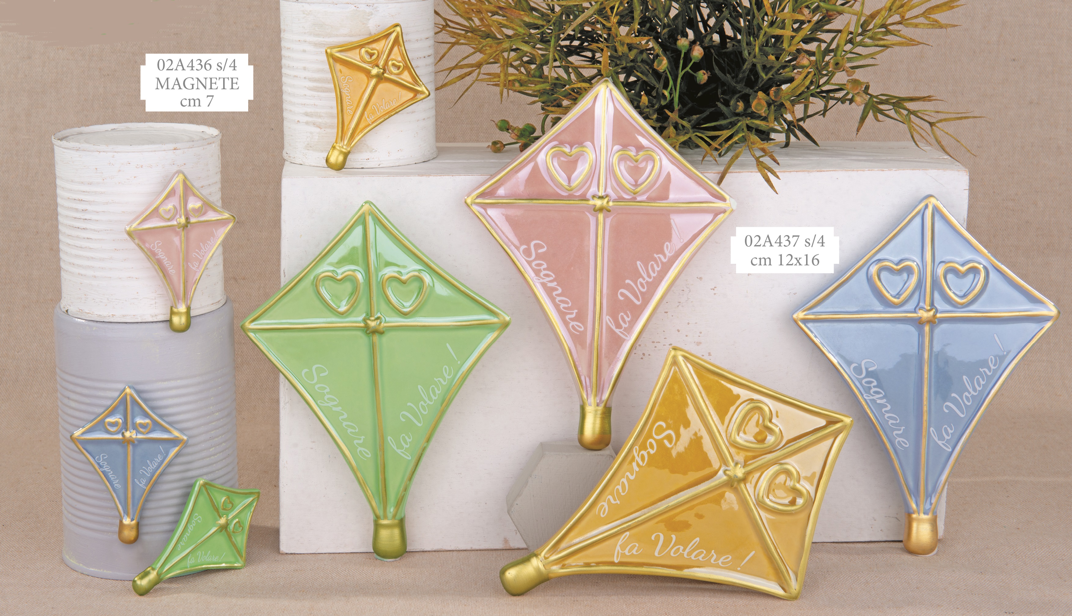 Aquilone bomboniera magnete 7cm e figurina 12x16cm ceramica 4 colori assortiti per compleanni battesimi feste bambini primavera cod 02A436-02A437