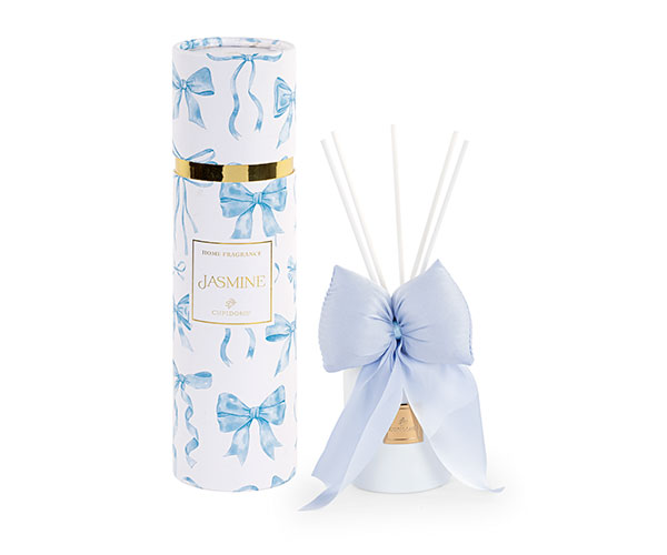 Bomboniera Diffusore Fiocco Bianco, Cipria, Celeste 80 ml H.10 cm, in vetro con fiocco decorativo e scatola regalo, per eventi come matrimoni e battesimi, codici 200083-200085.