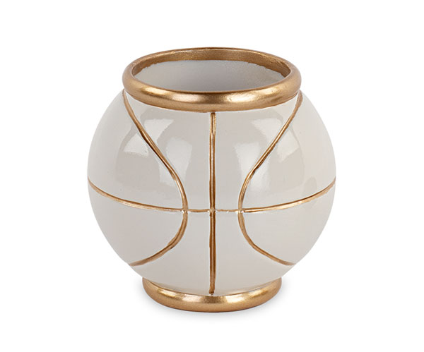 Bomboniera Cachepot Pallone Basket Bianco-Oro D.80xH.85 mm, in ceramica con finitura bianco-oro e shopper regalo, per eventi come comunioni e battesimi, codice 200172.