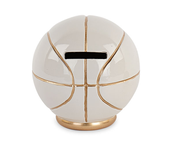 Salvadanaio Pallone Basket Bianco-Oro in ceramica, D.80xH.85 mm, con scatola regalo. Bomboniera per comunione, battesimo, compleanno (cod. 200176).