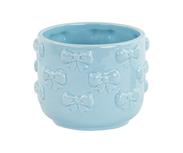 Cachepot Fiocchi Azzurro in ceramica, D.100xH.90 mm, con shopper inclusa. Bomboniera per battesimo, nascita, compleanno (cod. 200287).