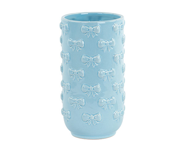 Vaso Fiocchi Azzurro in ceramica, D.100xH.200 mm. Bomboniera per battesimo, nascita, compleanno (cod. 200293).