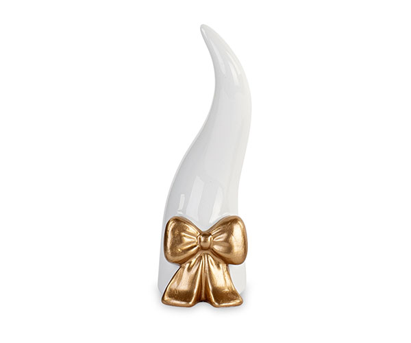 Bomboniera a forma di cornetto bianco con fiocco oro, H.120 mm, con scatola regalo. Ideale per matrimonio, comunione (cod. 200571).