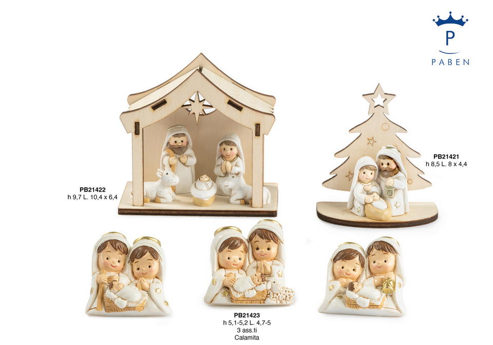 Assortimento di bomboniere Natività in resina e legno in stile spiritoso, tra cui soggetti con capanna, albero e calamite.