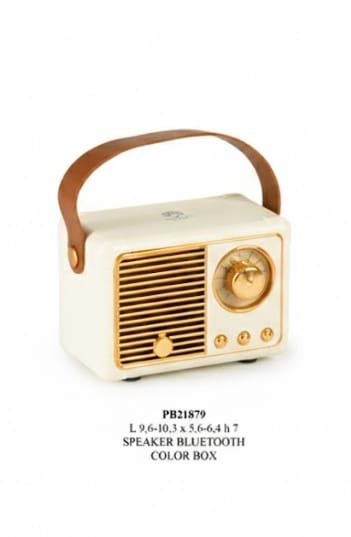 di radio bluetooth vintage color crema con dettagli oro e manico marrone, ideale come bomboniera per matrimonio e laurea.