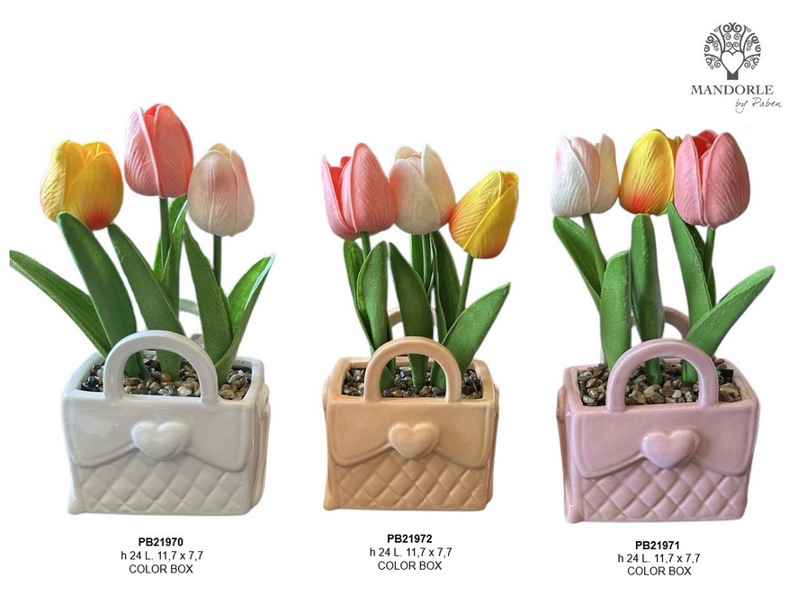 Bomboniera Vaso Tulipani Borsetta Bianca 24 cm, in ceramica e plastica a forma di borsetta bianca con scatola regalo, per eventi come matrimoni e battesimi, codice PB21970.