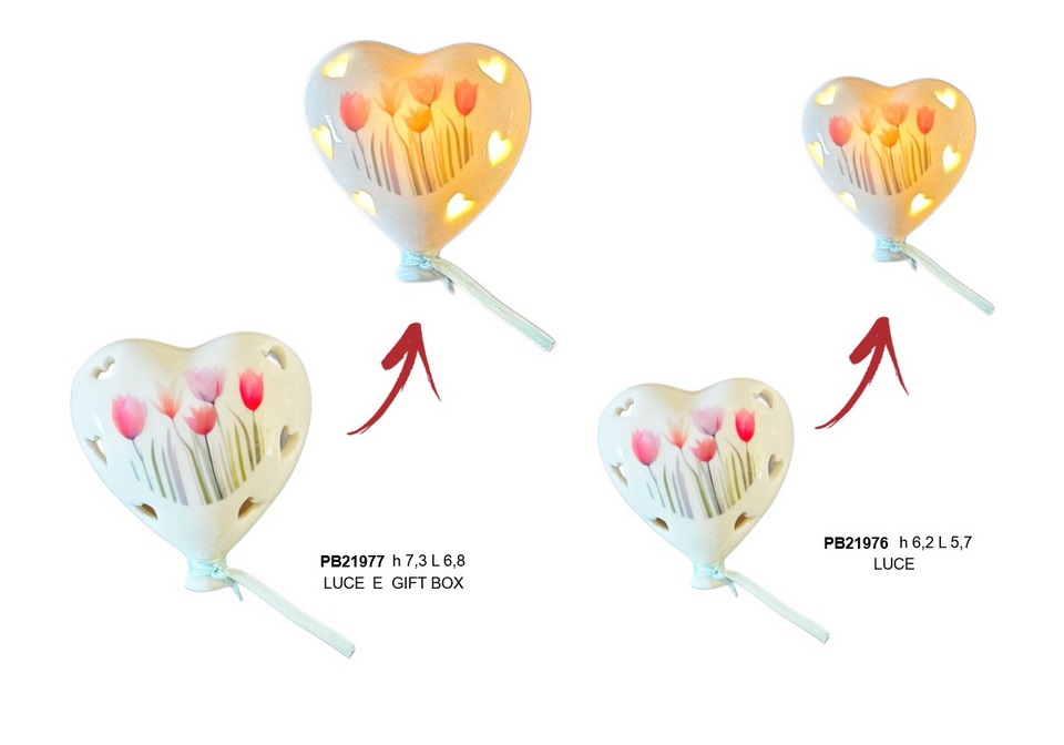 Bomboniera Palloncino a Cuore con Tulipani 7.3 cm, in porcellana con decorazione di tulipani e luce LED, con scatola regalo, per eventi come battesimi e matrimoni, codice 21977.