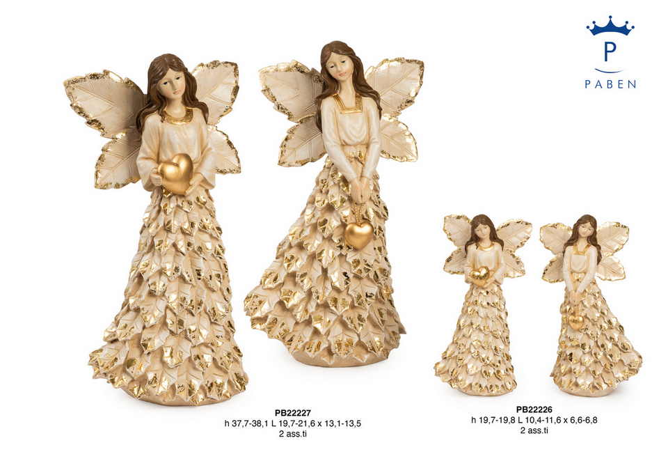 Angelo con vestito a foglie d’oro 19,8 cm e 38,1 cm resina