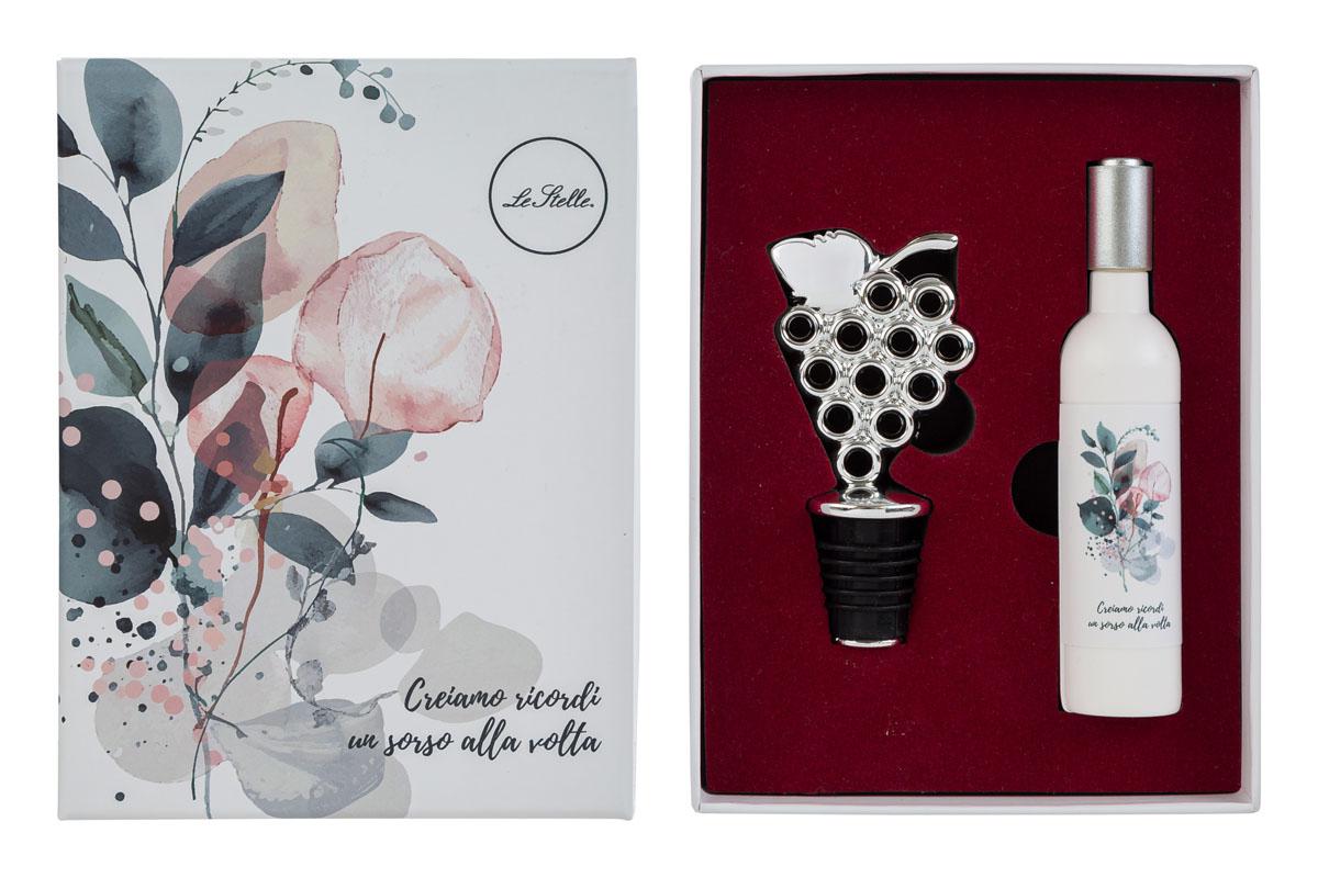 Set bomboniera accessori vino Sorsi d'Amore con tappo a forma di uva e apribottiglie a forma di bottiglia in scatola regalo decorata 58019