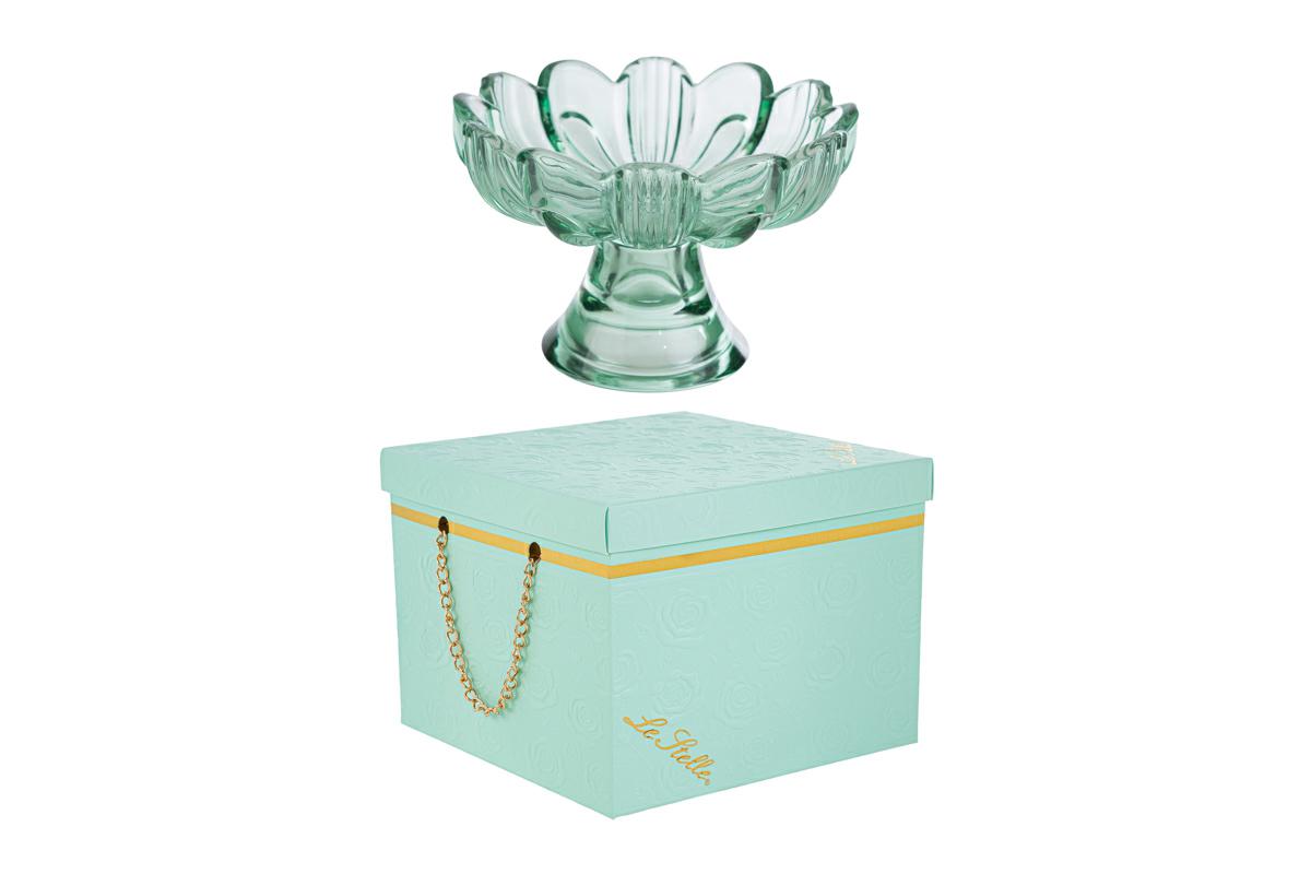 Fiore Alzatina Vetro Menta 58056 14x14xh.9,5cm c/box-rose 189206 per bomboniere Novità 2026, ideale per servire con stile in temi romantici, da Bomboniere & Company S.r.l Siracusa.