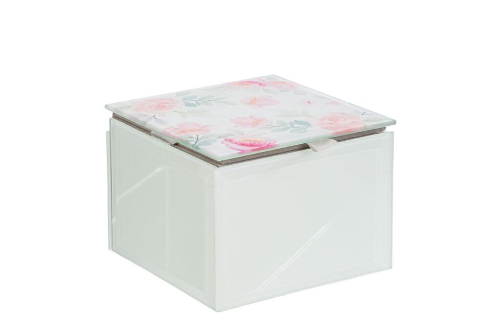 SCATOLA VETRO FIORI 9x9xh.7CM C/SHOPPER Cod. 58115 da Bomboniere & Company S.r.l. Siracusa.
