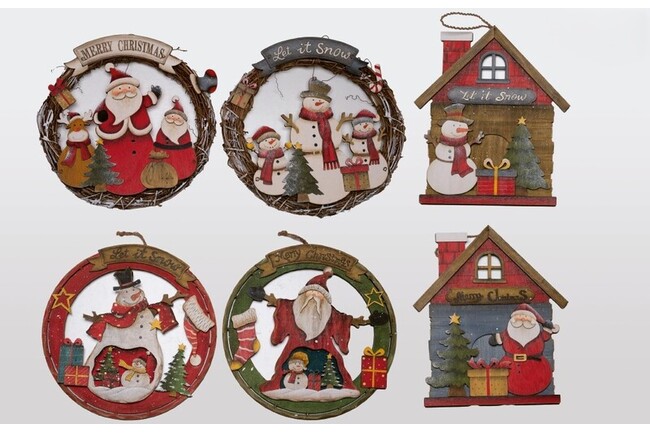Fuoriporta natalizi in legno A4290 (set 6 assortiti) per bomboniere Natale 2025, design elegante e festivo per abbellire case e celebrazioni, da Bomboniere & Company S.r.l Siracusa.