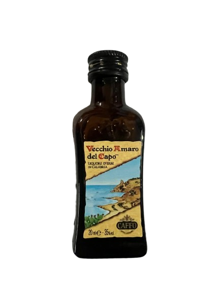 Bottiglia in miniatura del liquore Vecchio Amaro del Capo da 20 millilitri, alta 9 cm, ideale come segnaposto.