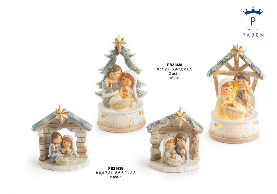 Gruppo Natività spiritoso con personaggi e capanna, in resina con funzione luminosa.