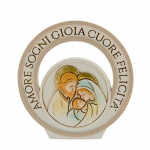 Icona circolare della Sacra Famiglia con scritte Amore Gioia Cuore Felicità, alta 9cm, ideale come bomboniera religiosa. 04a251