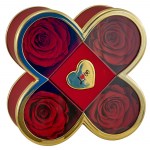 10181292 Bomboniera Scatola Quadrifoglio Rossa 4 Rose Stabilizzate 14x14x6 cm, in velluto rosso con 4 rose stabilizzate, per eventi come matrimoni e anniversari, codice 10181292.