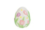 Uovo Pasquale in Porcellana LED con Tulipani - Bomboniera Elegante 9,5cm Uovo in porcellana bianca con decorazioni di tulipani rosa e luce LED interna.