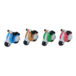 Set di quattro bomboniere a forma di piccolo motorino tipo Vespa in colori assortiti azzurro, arancio, verde e rosso, ideali come bomboniera