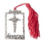 Cornice con caduceo in zama argentata per bomboniere Laurea in Farmacia 5,5 cm