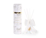 Diffusore di fragranza da 80ml con grande fiocco rosa cipria e scatola regalo cilindrica decorata con fiocchetti, ideale come bomboniera per eventi.200083