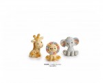Set di bomboniere calamite in resina raffiguranti una giraffa, un leone e un elefantino con dettagli colorati per battesimo e compleanno