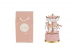 Bomboniera Carillon Giostrina in Legno Rosa con Shopper - Battesimo Carillon musicale a forma di giostrina con cavalli in legno rosa e oro, completo di elegante busta regalo shopper rosa coordinata 57001