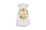 Carillon Orsetto in Porcellana Bianca e Oro con Shopper – Battesimo (14cm) Carillon orsetto in porcellana bianca con fiocco oro e base rotante per bomboniera.
