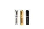 Portaprofumo Spray Ricaricabile da Viaggio - Bomboniera Glamour 5ml Tre portaprofumo spray ricaricabili in metallo nei colori argento, oro e nero.