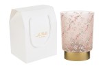 Lampada da Matrimonio in Vetro Magnolia 57254 Lampada cilindrica in vetro satinato con eleganti decorazioni floreali di magnolia e base metallica lucida, ideale come bomboniera di matrimonio raffinata.