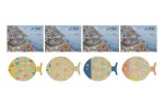 Set di 4 poggiapentola in ceramica a forma di pesciolino con decorazioni geometriche colorate e astuccio regalo, ideale come bomboniera utile.