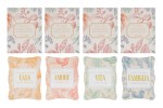 Set di 4 calamite in ceramica con scritte Casa, Amore, Vita e Famiglia e decorazioni floreali pastello, ideali come bomboniere economiche per cerimonie.