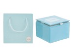 Scatola vetro celeste 58107, 9x9xh.7 cm c/shopper 156635 per Novità 2026: contenitore luminoso per bomboniere. Spedizione rapida in Italia da Siracusa.