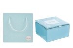 Scatola vetro celeste 58108 dimensioni 12x12xh.7 cm c/shopper 156643 per bomboniere Novità 2026 da Bomboniere & Company S.r.l Siracusa.