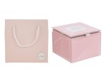 Scatola vetro rosa 58111 dimensioni 9x9xh.7 cm c/shopper 156634 per bomboniere Novità 2026 da Bomboniere & Company S.r.l Siracusa.
