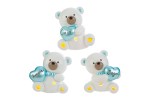 Bomboniera Orsetto LED Celeste con Cuore – Nascita e Battesimo Bimbo Tre orsetti in resina celeste con luce LED interna e cuori con scritte Gioia, Amore e Sogni.
