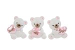 .Tre piccoli orsetti in resina rosa con cuori incisi 