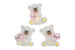 Bomboniera Orsetto LED Rosa con Cuore – Nascita e Battesimo Bimba Tris di orsetti in resina rosa con luce LED e cuori con scritte Gioia, Amore e Sogni.