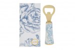 Bomboniera Utile e Simbolica per Matrimonio | Apribottiglie Design Decoro Celeste con Astuccio Apribottiglie con impugnatura decorata da motivi floreali blu e celesti, completo di astuccio regalo bianco e azzurro coordinato