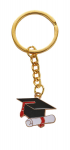 Portachiavi Tocco Laurea Gold acl257 - Bomboniera per Laurea Portachiavi dorato con pendente a forma di cappello da laurea nero e pergamena bianca con fiocco rosso.
