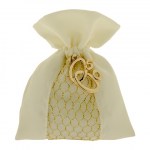 Sacchetto Nozze d'Oro C2592 Sacchetto portaconfetti bianco e oro con applicazione fedi intrecciate e numero 50 per anniversario.