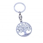 Portachiavi Albero della Vita Traforato in Metallo G517 Elegante portachiavi in metallo cromato lucido con ciondolo circolare raffigurante l'albero della vita finemente traforato su sfondo chiaro.