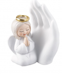 Angelo in Preghiera con Mano RB1048 Statuina di angelo bianco con mani giunte e aureola oro, alta 9.5 cm, bomboniera per celebrazioni religiose. rb1048