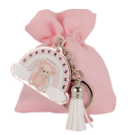 Sacchetto Nascita Rosa con Portachiavi Orsetto Arcobaleno - SC736 Sacchetto portaconfetti rosa con applicazione portachiavi orsetto arcobaleno e nappina bianca.