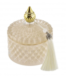 Elegante bomboniera candela in scatola di vetro color ecru con trama a rilievo, pomello dorato sul coperchio e nappina decorativa