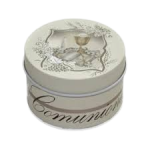 Scatola in Latta Rotonda Porta Confetti Scatolina rotonda in latta bianca decorata con calice e simboli della Comunione, dimensioni 6,5x4,5cm, ideale come bomboniera tn68/c