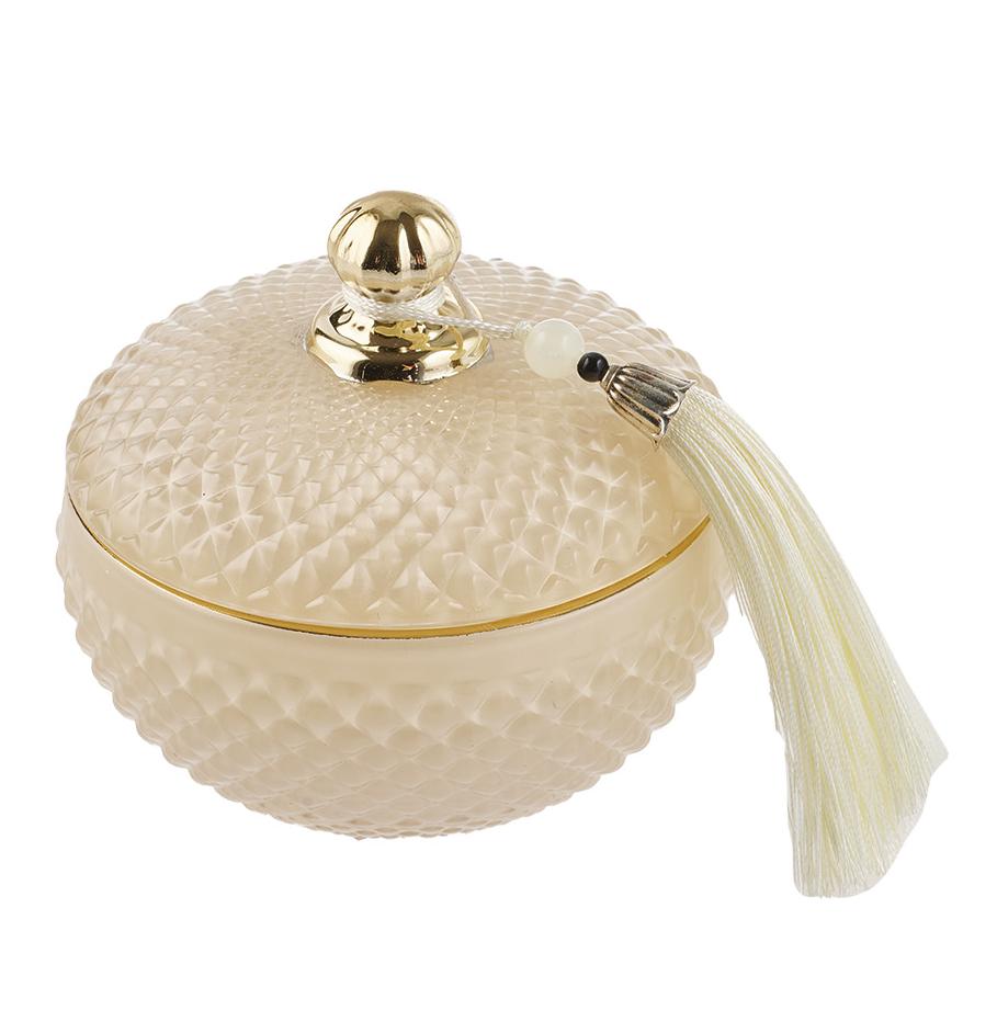 bomboniera in vetro con pomello oro e nappa panna, contenente una candela